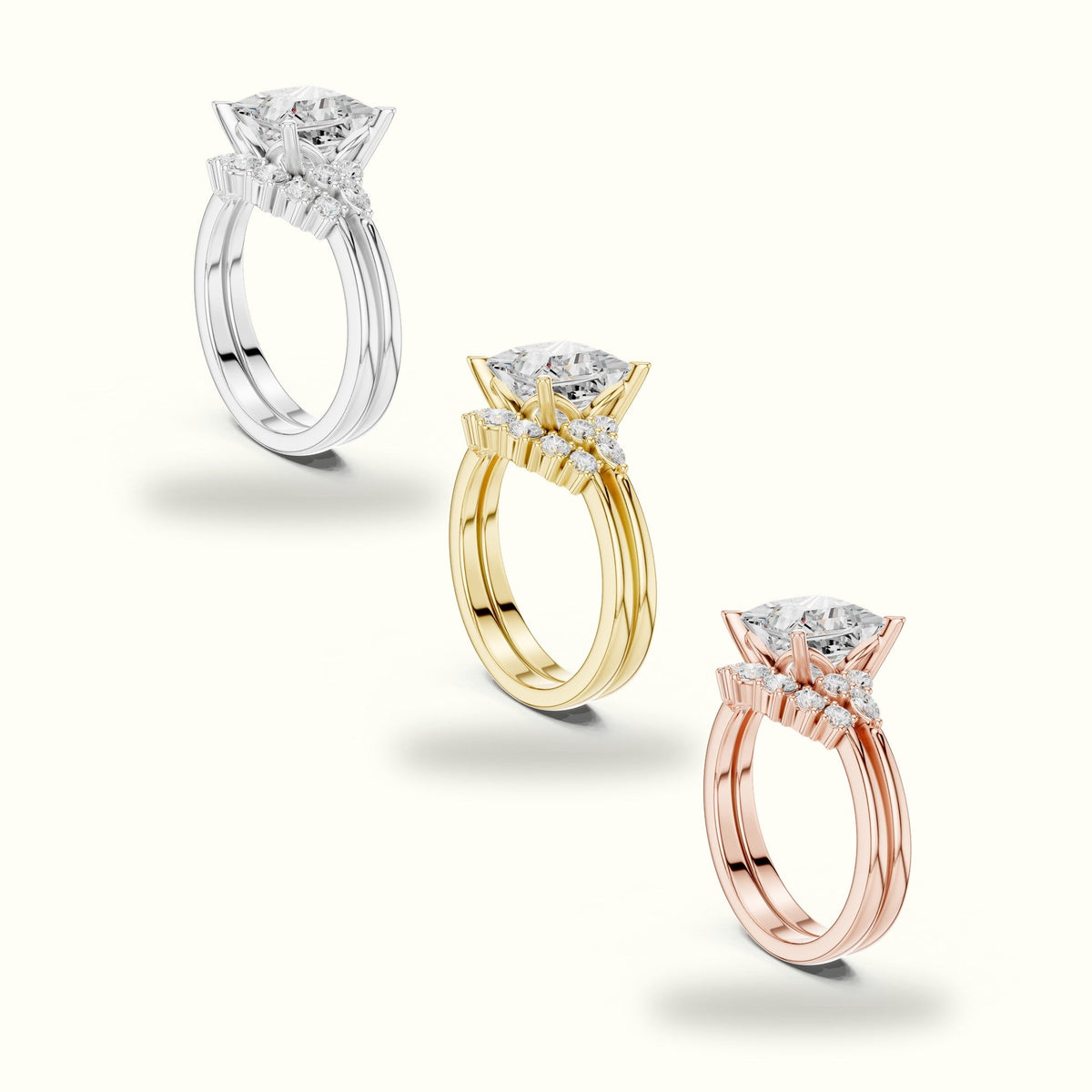 Princess Lab-Grown Diamond Solitaire Ring with Band — Yellow gold, in yellow, white and rose gold | Crystal N Cuts