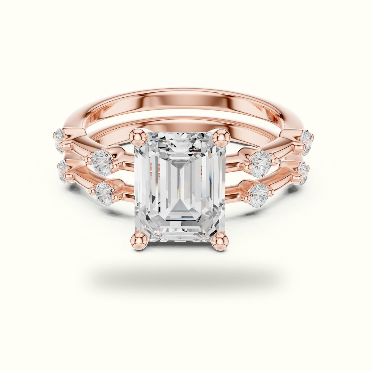 Emerald Lab-Grown Diamond Solitaire Ring with lab-grown diamond Band — Rose gold, front view | Crystal N Cuts
