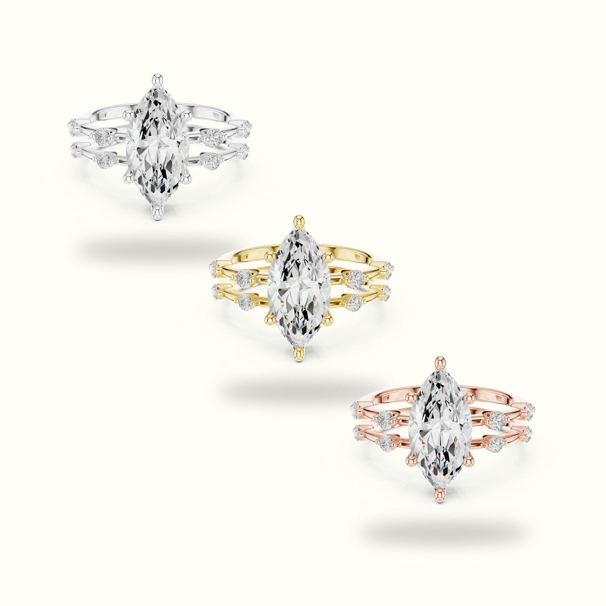 Marquise Lab-Grown Diamond Solitaire Ring with Multi-Row Shoulder — White gold, front view | Crystal N Cuts
