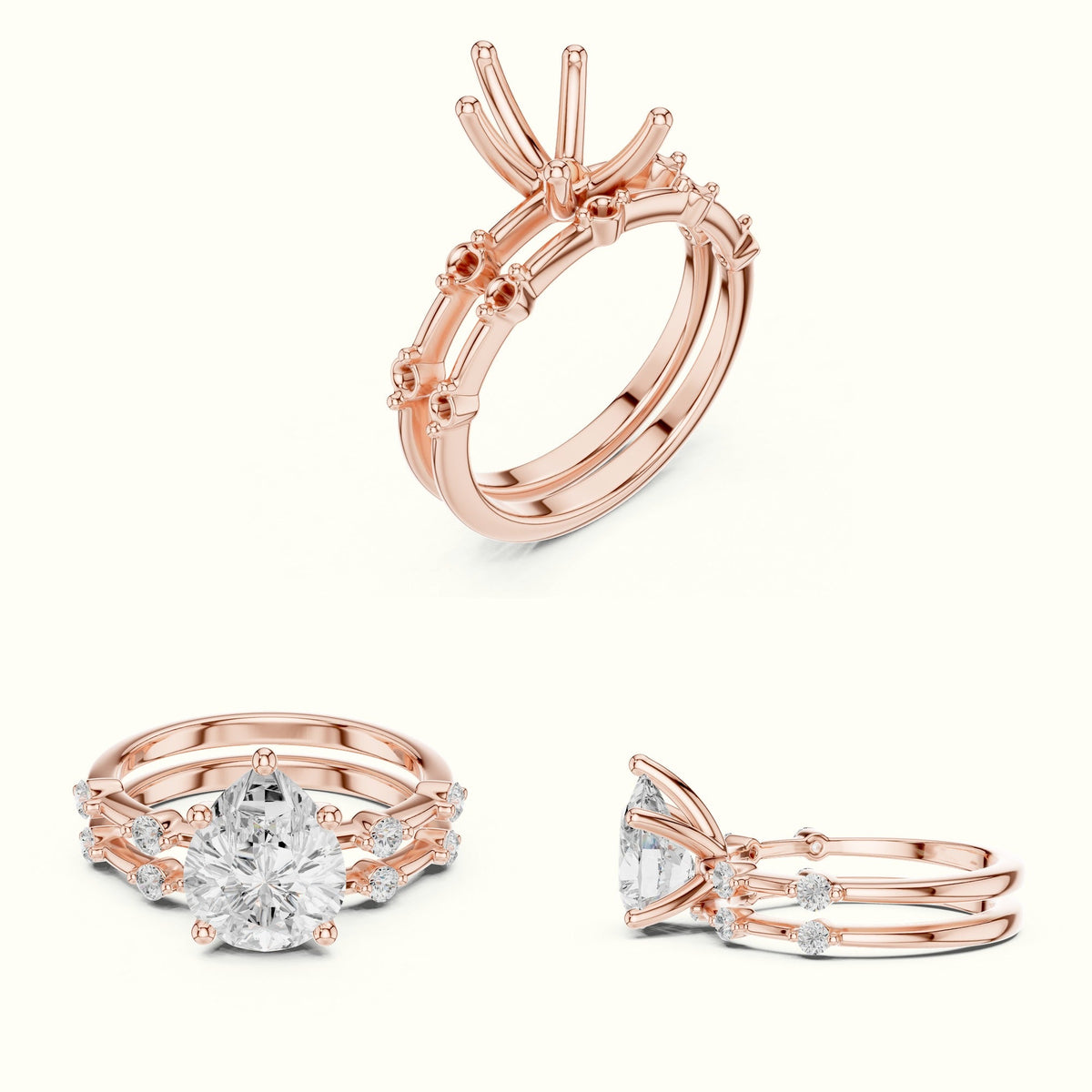 Pear Lab-Grown Diamond Solitaire Ring with lab-grown diamond Band — Rose gold, on the hand | Crystal N Cuts