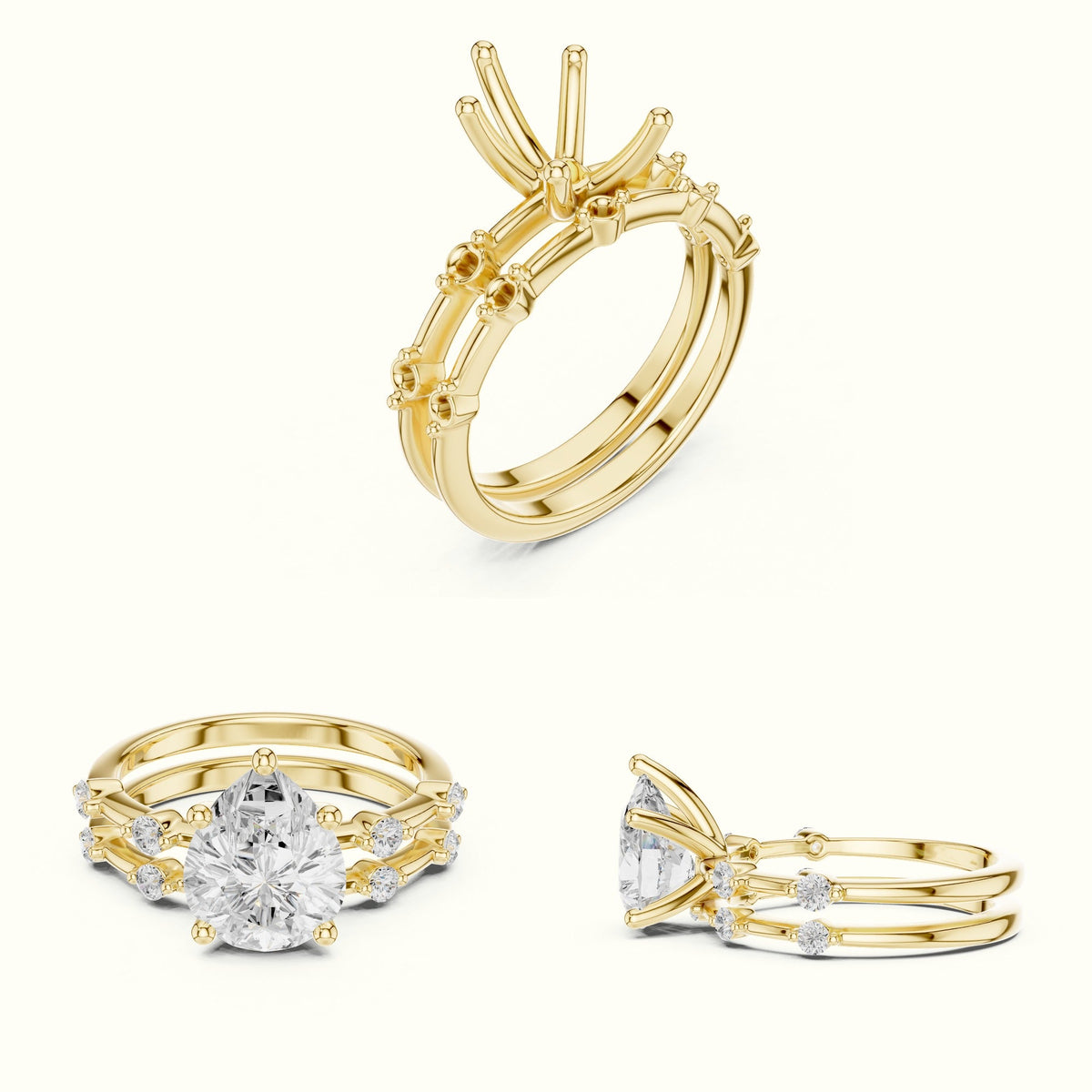 Pear Lab-Grown Diamond Solitaire Ring with lab-grown diamond Band — Yellow gold, on the hand | Crystal N Cuts
