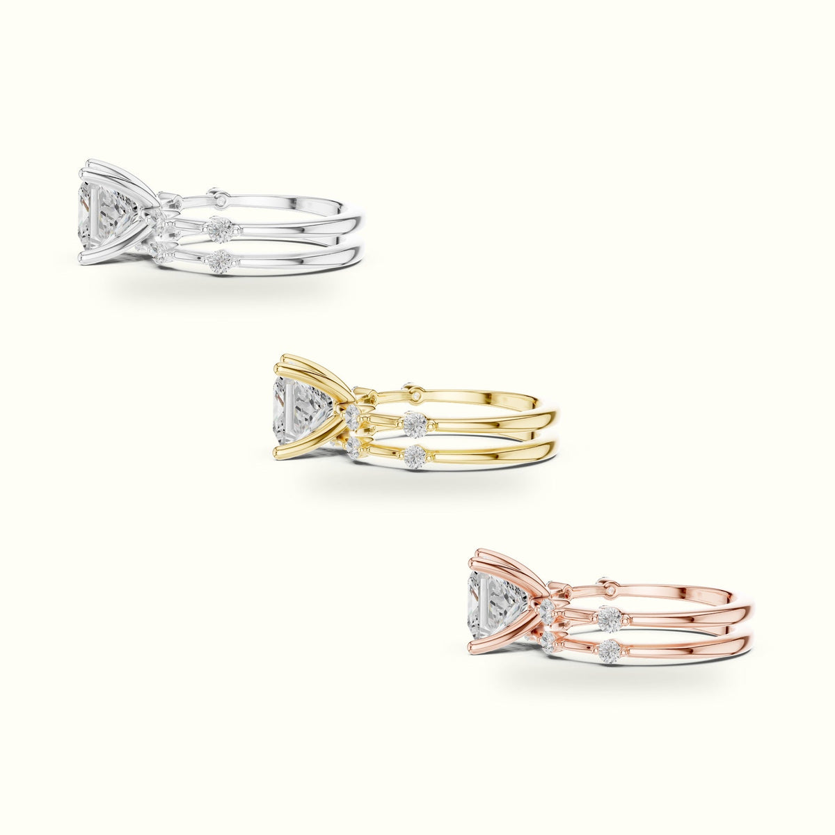 Princess Lab-Grown Diamond Solitaire Ring with lab-grown diamond Band — Rose gold, in yellow, white and rose gold | Crystal N Cuts