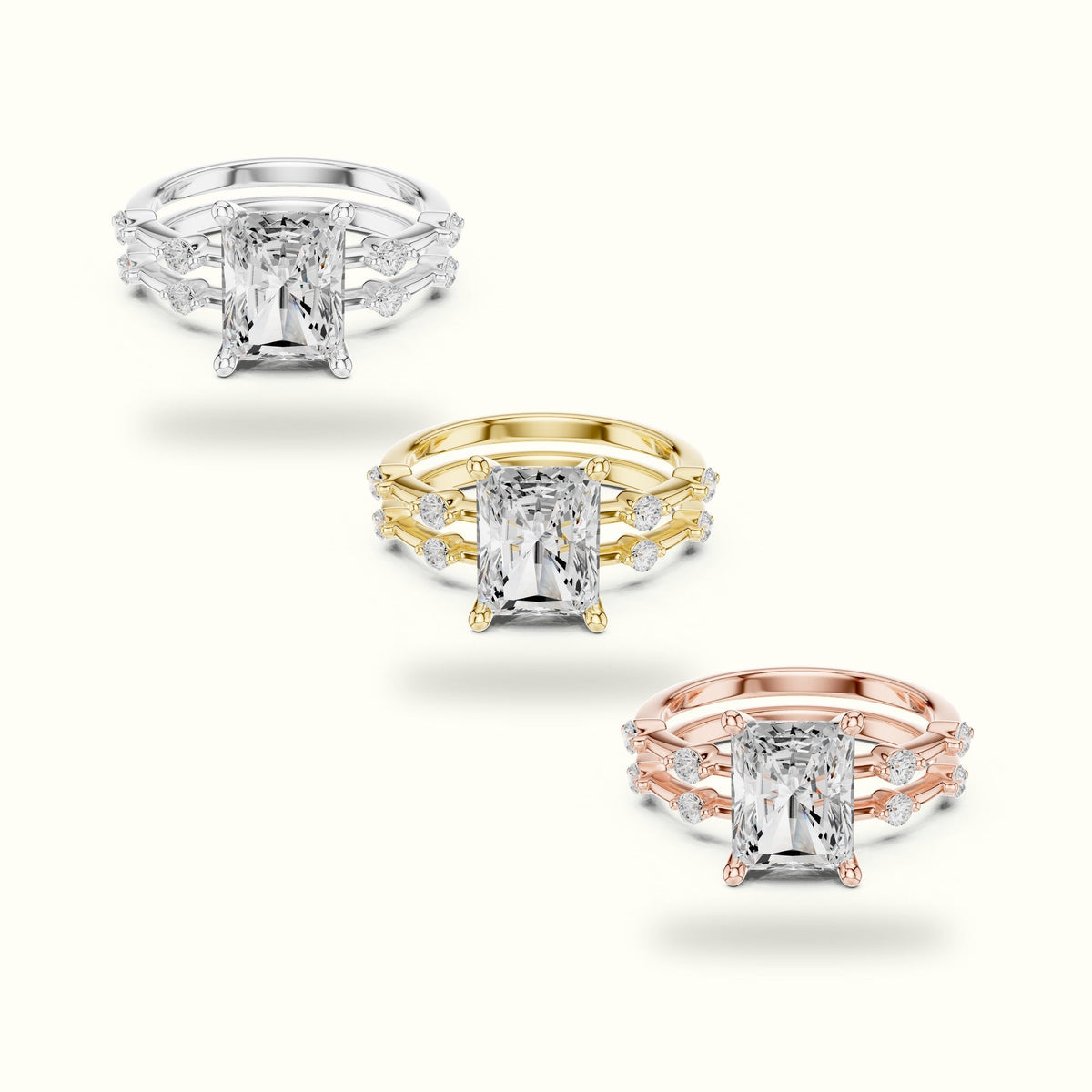 Radiant Lab-Grown Diamond Solitaire Ring with Peg Head Setting — Rose gold, front view | Crystal N Cuts