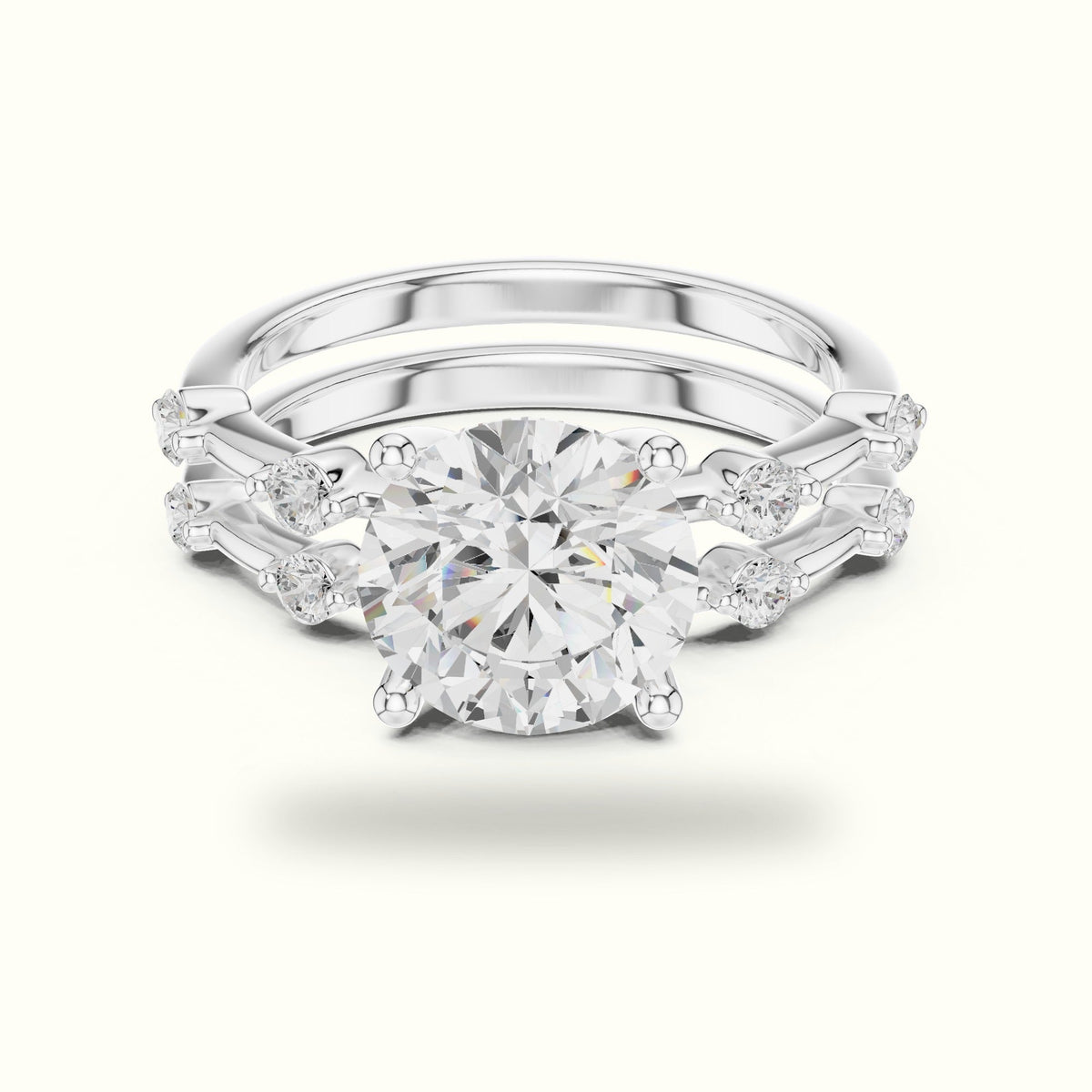 Round Lab-Grown Diamond Solitaire Ring with lab-grown diamond Band — White gold, front view | Crystal N Cuts