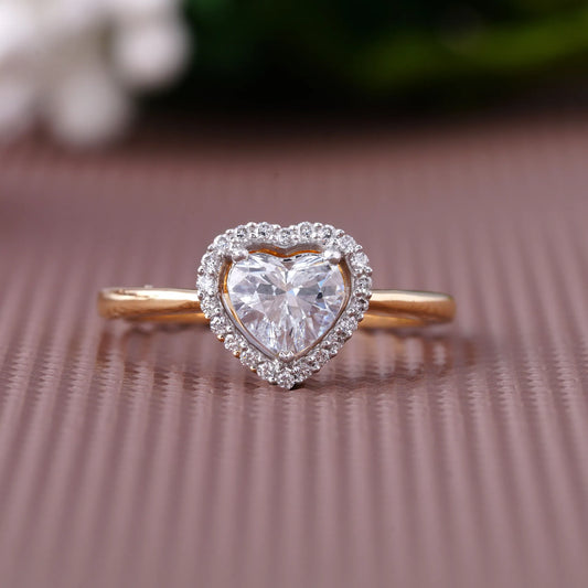 Yellow Gold Heart Halo Diamond Solitaire Ring with Round Brilliant Halo and Prong Setting