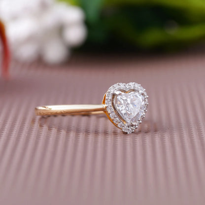Yellow Gold Heart Halo Diamond Solitaire Ring with Round Brilliant Halo and Prong Setting