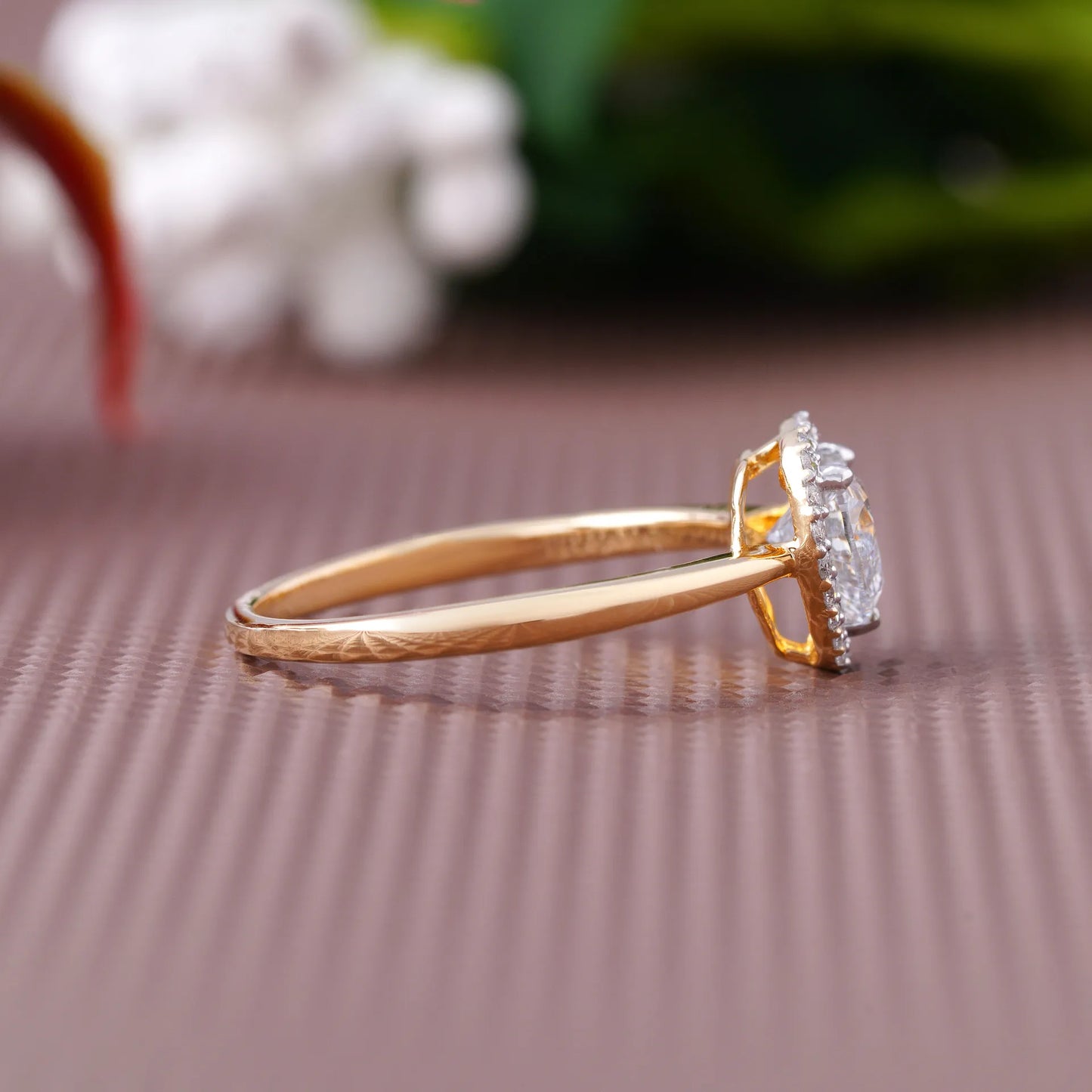 Yellow Gold Heart Halo Diamond Solitaire Ring with Round Brilliant Halo and Prong Setting