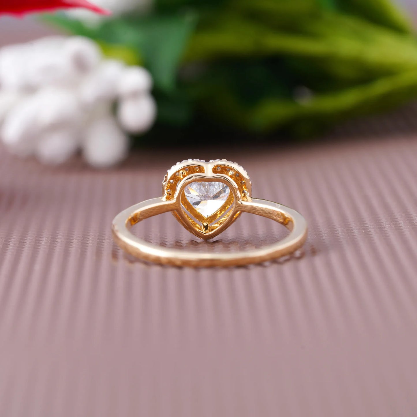 Yellow Gold Heart Halo Diamond Solitaire Ring with Round Brilliant Halo and Prong Setting
