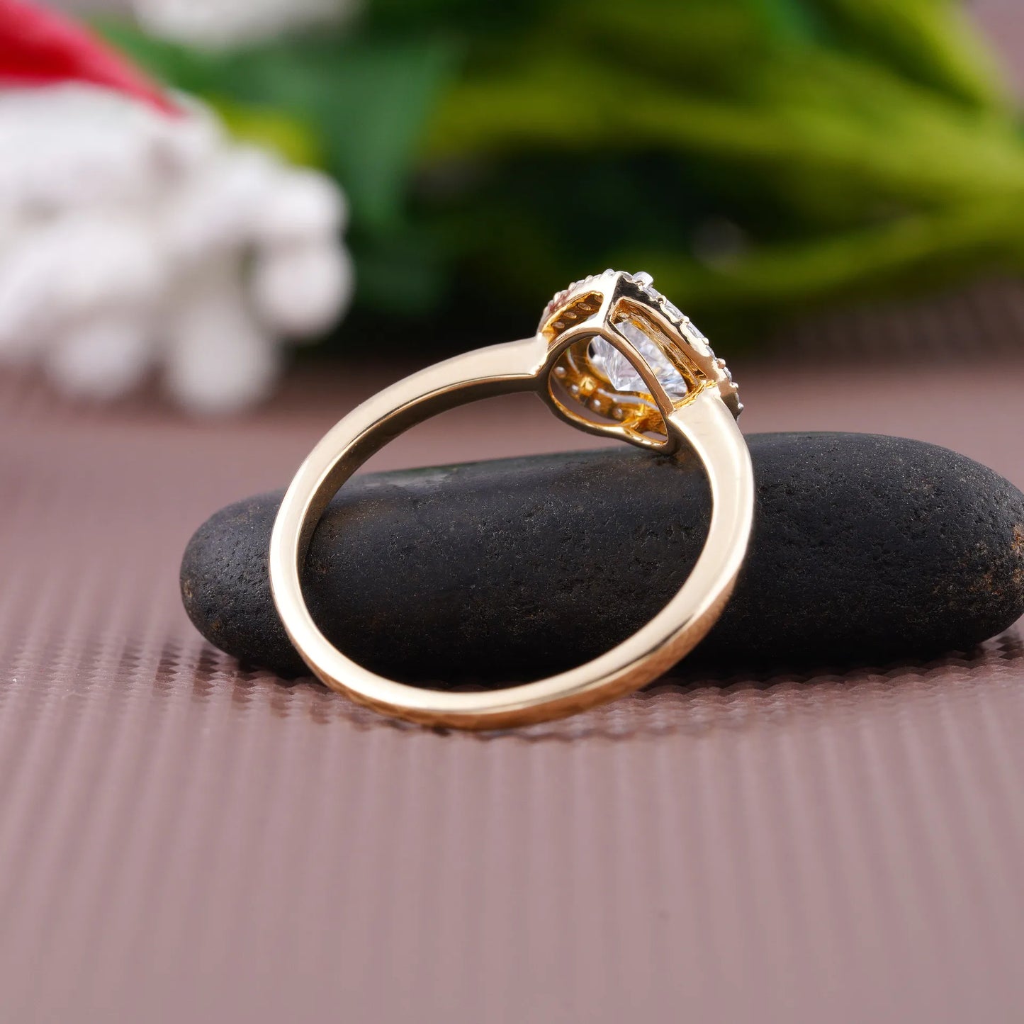 Yellow Gold Heart Halo Diamond Solitaire Ring with Round Brilliant Halo and Prong Setting
