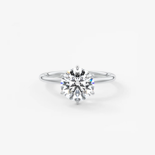 A classic solitaire engagement ring featuring a round brilliant-cut diamond set in a polished silver-colored band, centered on a clean white background.